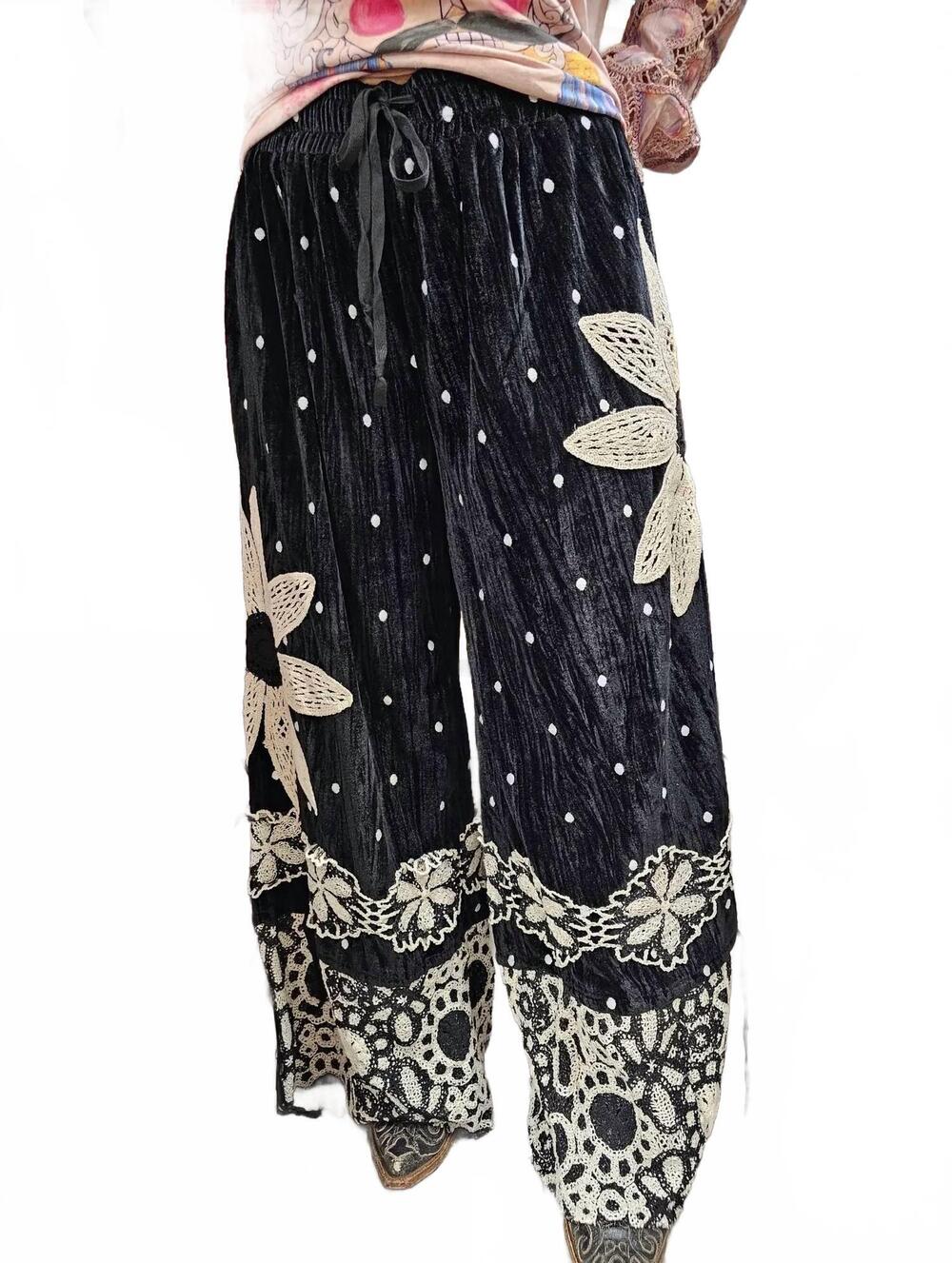 NEW A RARE BIRD women's crochet flowers and velvet pantaloons in black